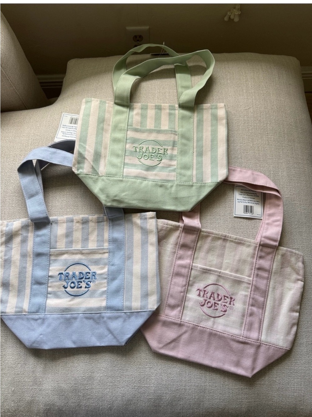 Trader Joe’s Pastel Stripe Canvas Tote Bag - Mint, Blue, & Pink. Set of 3. NEW